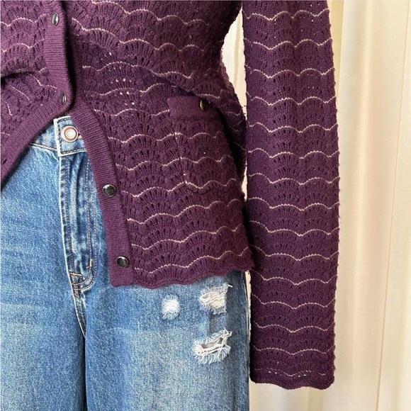 Saks Fifth Avenue Cashmere Wool Blend Cardigan Pointelle Knit Scalloped Large. - Picture 3 of 12